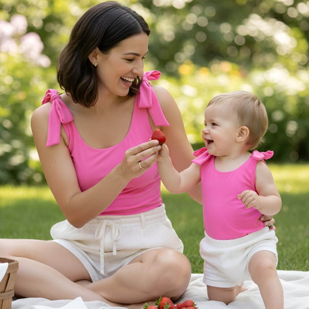 Motch Hot Pink Bow Shoulder Bodysuit Mommy And Me Set